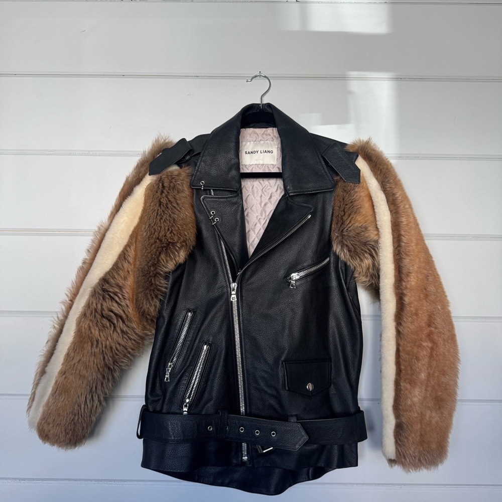 Sandy Liang Lamb Leather Jacket Black and Brown with Faux Fur Sleeves